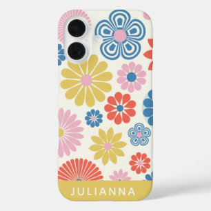 Cute Modern Scandi Boho Folk Flower Personalized iPhone 16 Case