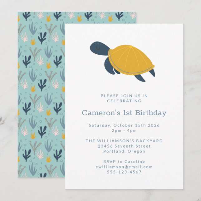 Cute Modern Sea Turtle Simple 1st Birthday Invitation (Front/Back)
