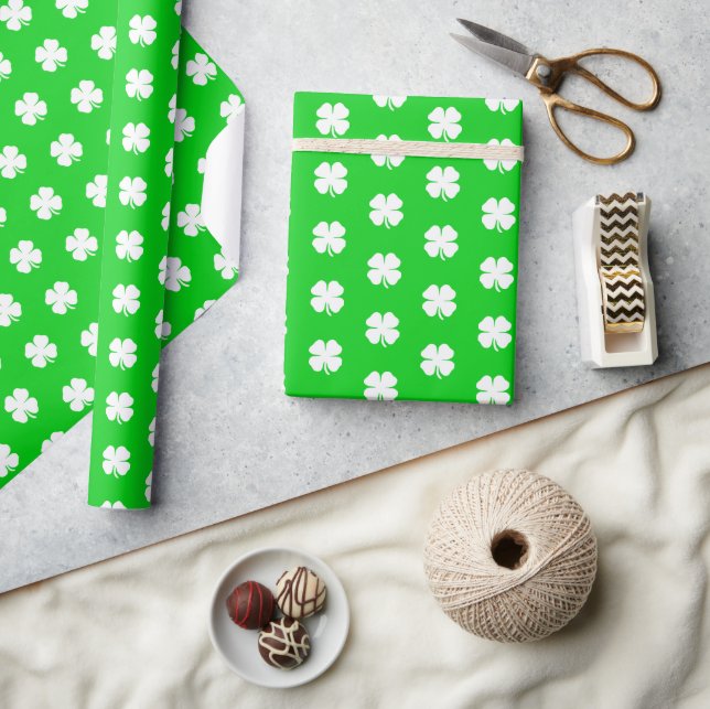 Cute Modern Simple Vibrant Green Lucky Clovers Wrapping Paper (Crafts)
