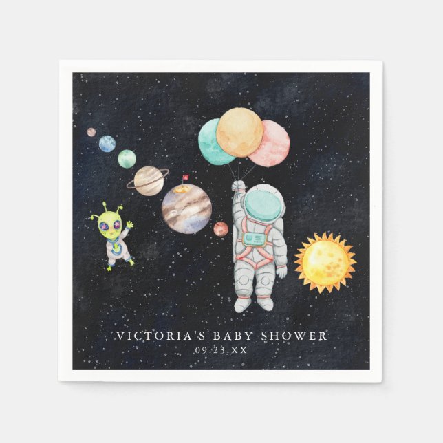 Cute Modern Space Astronaut Alien | Baby Shower Napkin (Front)