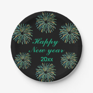 Cute Modern sparkling Black Happy New year Paper Plate
