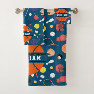 Cute Modern Sports Champion Personalized Kids Blue Bath Towel Set
