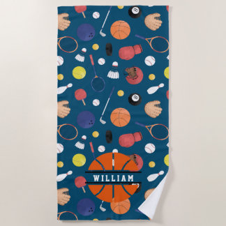 Cute Modern Sports Champion Personalized Kids Blue Beach Towel