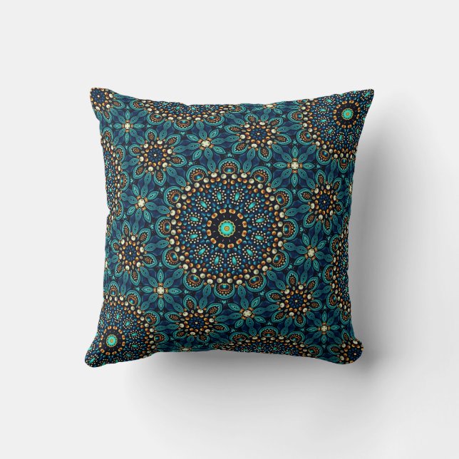 Cute Modern Stylish Teal and Gold Mandala Pattern Throw Pillow (Back)