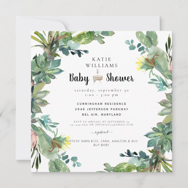 Cute Modern Succulent Cactus Baby Shower Square  Invitation (Front)