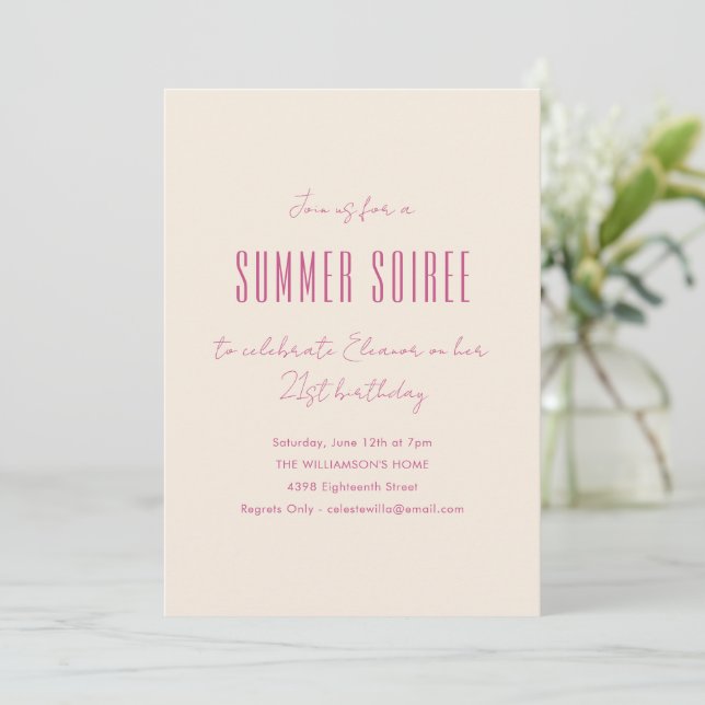 Cute Modern Summer Soiree Birthday Party Magenta Invitation (Standing Front)