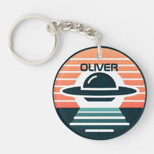 Cute Modern UFO Design at Sunset Keychain