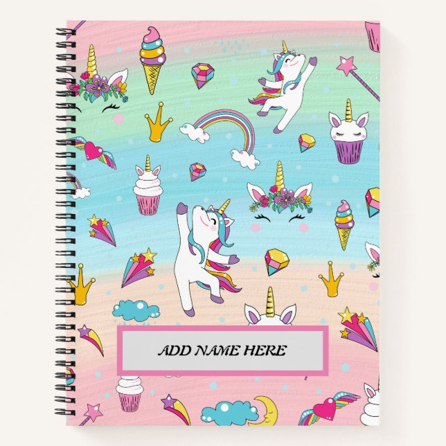 Cute Modern Unicorn Pattern Customizable Name  Notebook (Front)