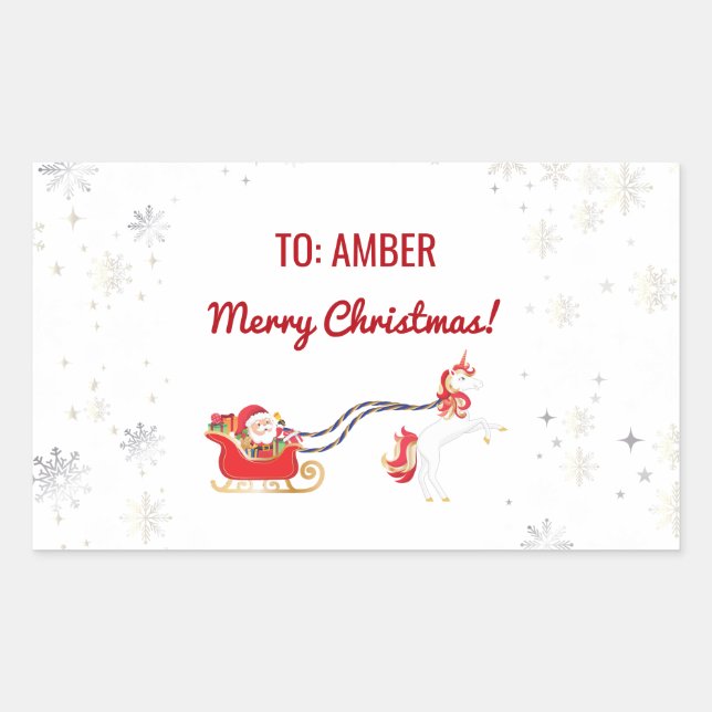 Cute Modern Unicorn Santa Personalized Name Xmas Sticker (Front)