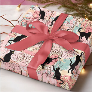 Cute Modern Watercolor Cafe Cat Pattern Wrapping Paper