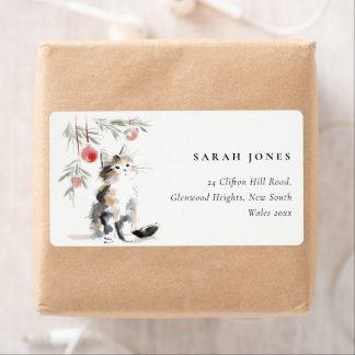Cute Modern Watercolor Christmas Tree Cat Address