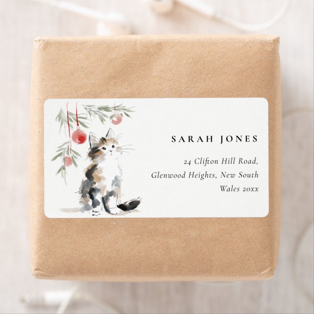 Cute Modern Watercolor Christmas Tree Cat Address (En situation)
