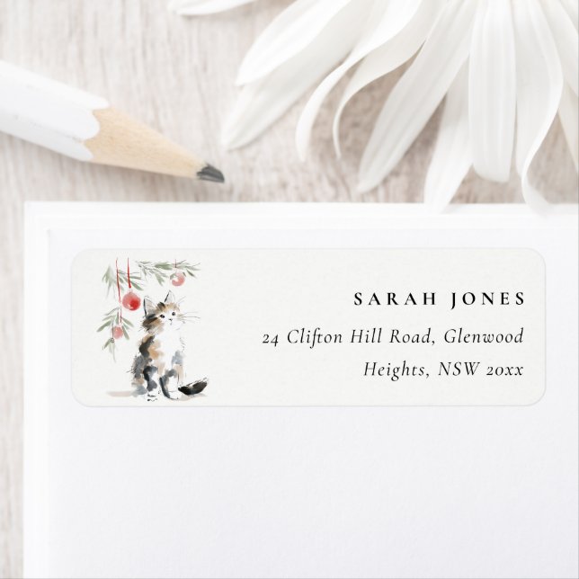Cute Modern Watercolor Christmas Tree Cat Address (En situation)