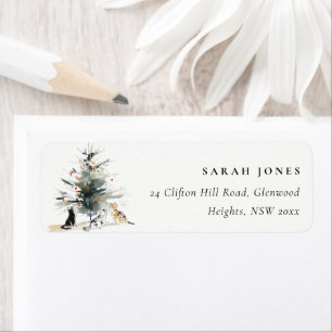 Cute Modern Watercolor Christmas Tree Cats Address