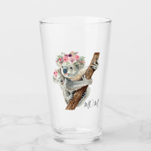 Cute Modern Watercolor Floral Koala Personalized Glass