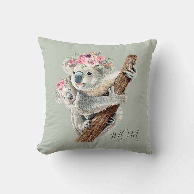 Cute Modern Watercolor Floral Koala Personalized Throw Pillow (Front)