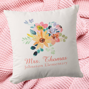 Cute Modern Watercolor Floral Teacher Appreciation Throw Pillow