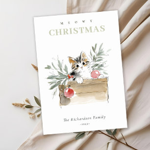 Cute Modern Watercolor Meowy Christmas Box Cat Holiday Card