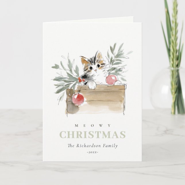 Cute Modern Watercolor Meowy Christmas Box Cat Holiday Card (Front)