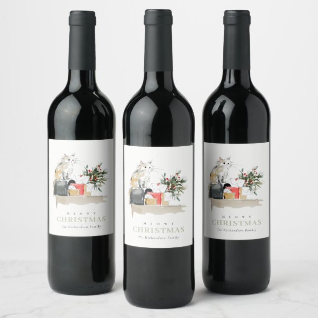 Cute Modern Watercolor Meowy Christmas Gift Cat Wine Label (Bottles)