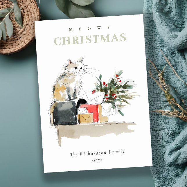 Cute Modern Watercolor Meowy Christmas Gifts Cat Holiday Card (Creator Uploaded)