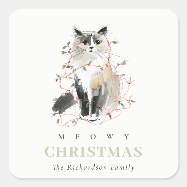 Cute Modern Watercolor Meowy Christmas Light Cat Square Sticker (Front)