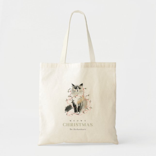 Cute Modern Watercolor Meowy Christmas Light Cat Tote Bag (Front)