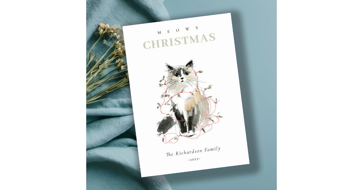 Cute Modern Watercolor Meowy Christmas Lights Cat Holiday Card | Zazzle
