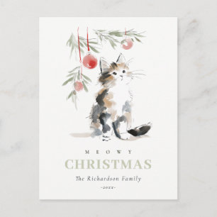 Cute Modern Watercolor Meowy Christmas Tree Cat Holiday Postcard