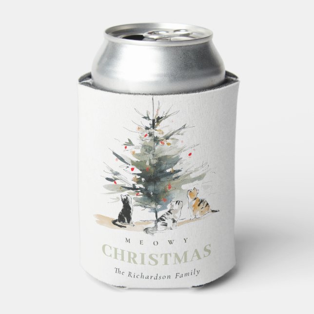 Cute Modern Watercolor Meowy Christmas Tree Cats  Can Cooler (Can Front)