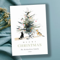 Cute Modern Watercolor Meowy Christmas Tree Cats