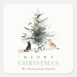 Cute Modern Watercolor Meowy Christmas Tree Cats  Square Sticker
