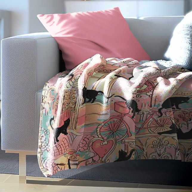 Cute Modern Watercolor Paris Cafe Cat Pattern Sherpa Blanket (Creator Uploaded)