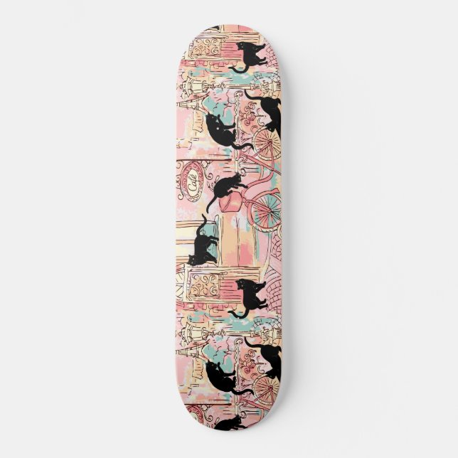 Cute Modern Watercolor Paris Cafe Cat Pattern Skateboard (Front)