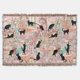 Cute Modern Watercolor Paris Cafe Cat Pattern Throw Blanket