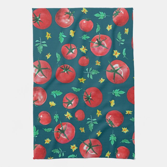 Cute Modern Watercolor Tomatoes Pattern on Green Kitchen Towel (Vertical)