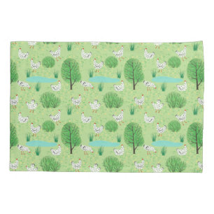 Cute Modern Whimsical Chicken Meadow Green Field Pillowcase