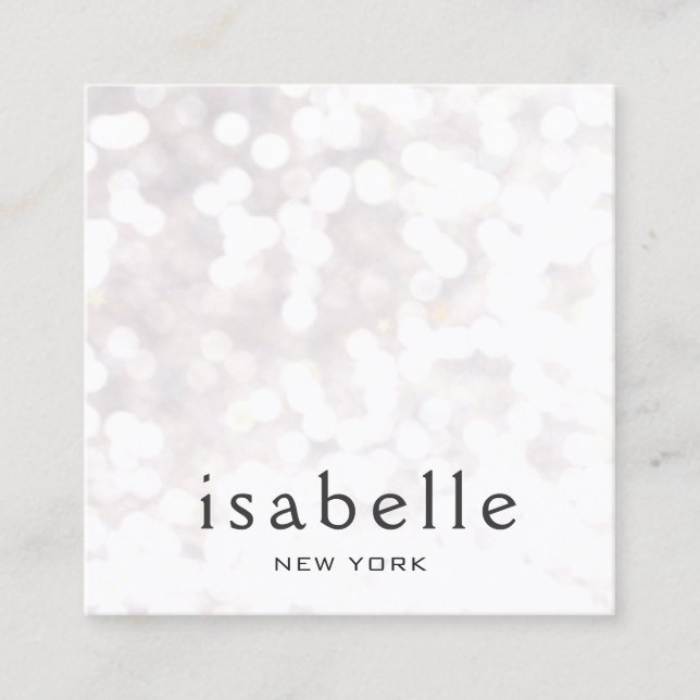 Cute Modern White Bokeh Glitter Square Business Card (Front)