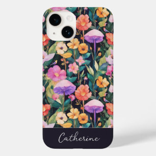 Cute Modern Wildflower Mushroom Pattern with Name Case-Mate iPhone 14 Case