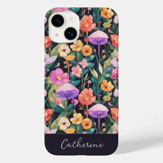Cute Modern Wildflower Mushroom Pattern with Name Case-Mate iPhone Case (Back)
