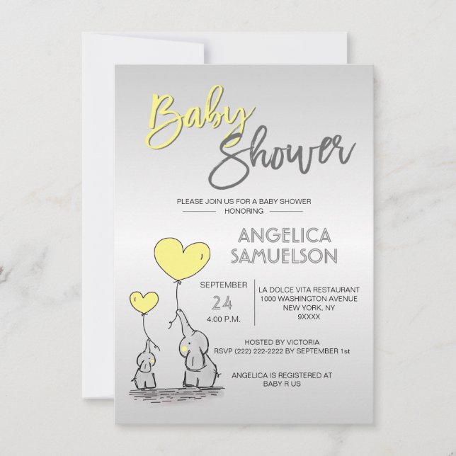 Cute Modern YELLOW Mommy Elephant & Baby Shower Invitation (Front)