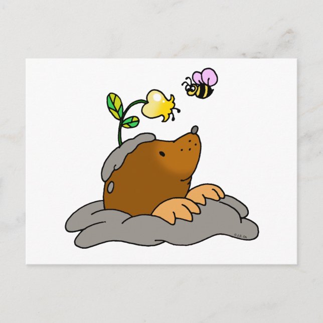cute mole cartoon with a flower bee postcard (Front)