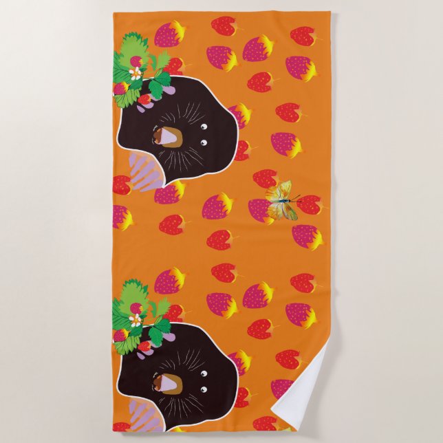 Cute Mole Strawberries Butterfly Beach Towel (Front)