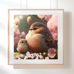 Cute Mom and Baby Bird on a Tree Pink Flowers Art Poster