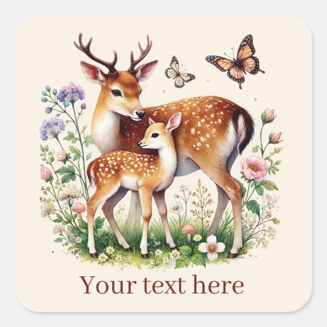 Cute Mom and baby deer add your message Square Sticker (Front)
