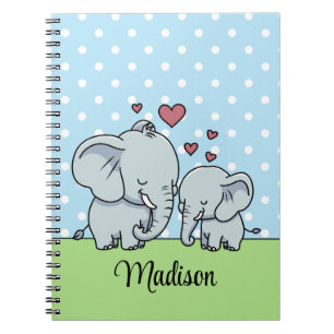 Cute Mom and Baby Elephant, Personalized Green Notebook