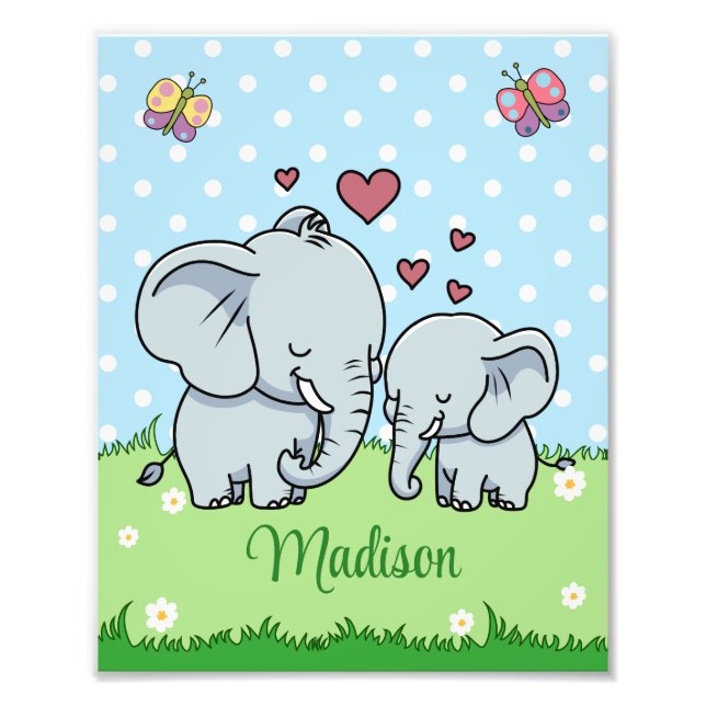 Cute Mom and Baby Elephant, Personalized  Photo Print (Front)