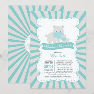 Cute Mom and Baby Hippo Boys Baby Shower Invitation