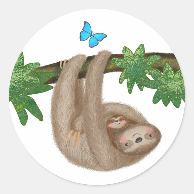 Cute mom and baby sloth round stickers (Front)