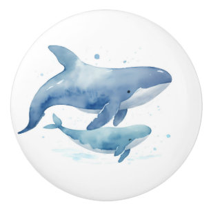Cute Mom and Baby Whale Watercolor Ocean Sea Ceramic Knob